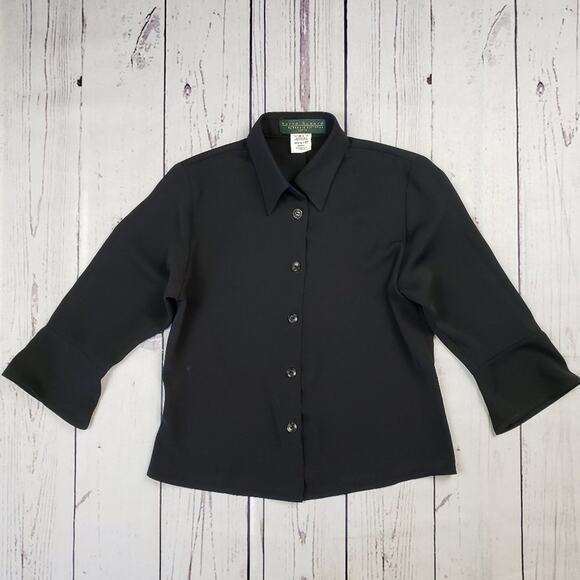 Harve’ Bernard Black Long Flare Sleeve Button Down Top Women's Size 8P Petite - Picture 1 of 5